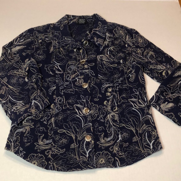Cynthia Max Embroidered Button Down Jacket Blue Tan Size M - Picture 1 of 7